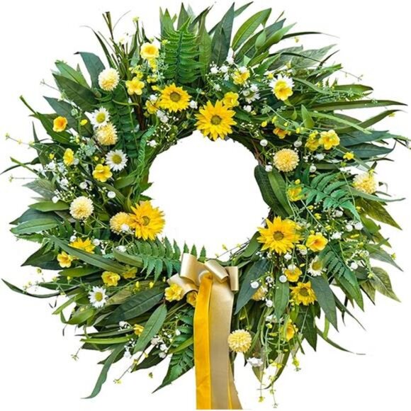 Spring Wreaths for Front Door 24 inch Spring Wreath with Vibrant Daisy and Bow - Picture 7 of 7